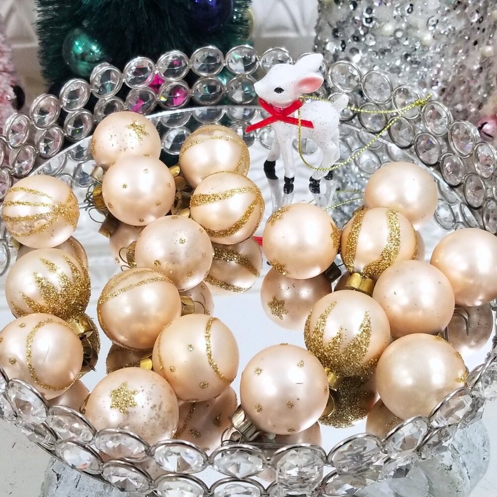 19 Vtg Miniature Glass Feather Tree Christmas Ornament Balls Stenciled Gold Glit